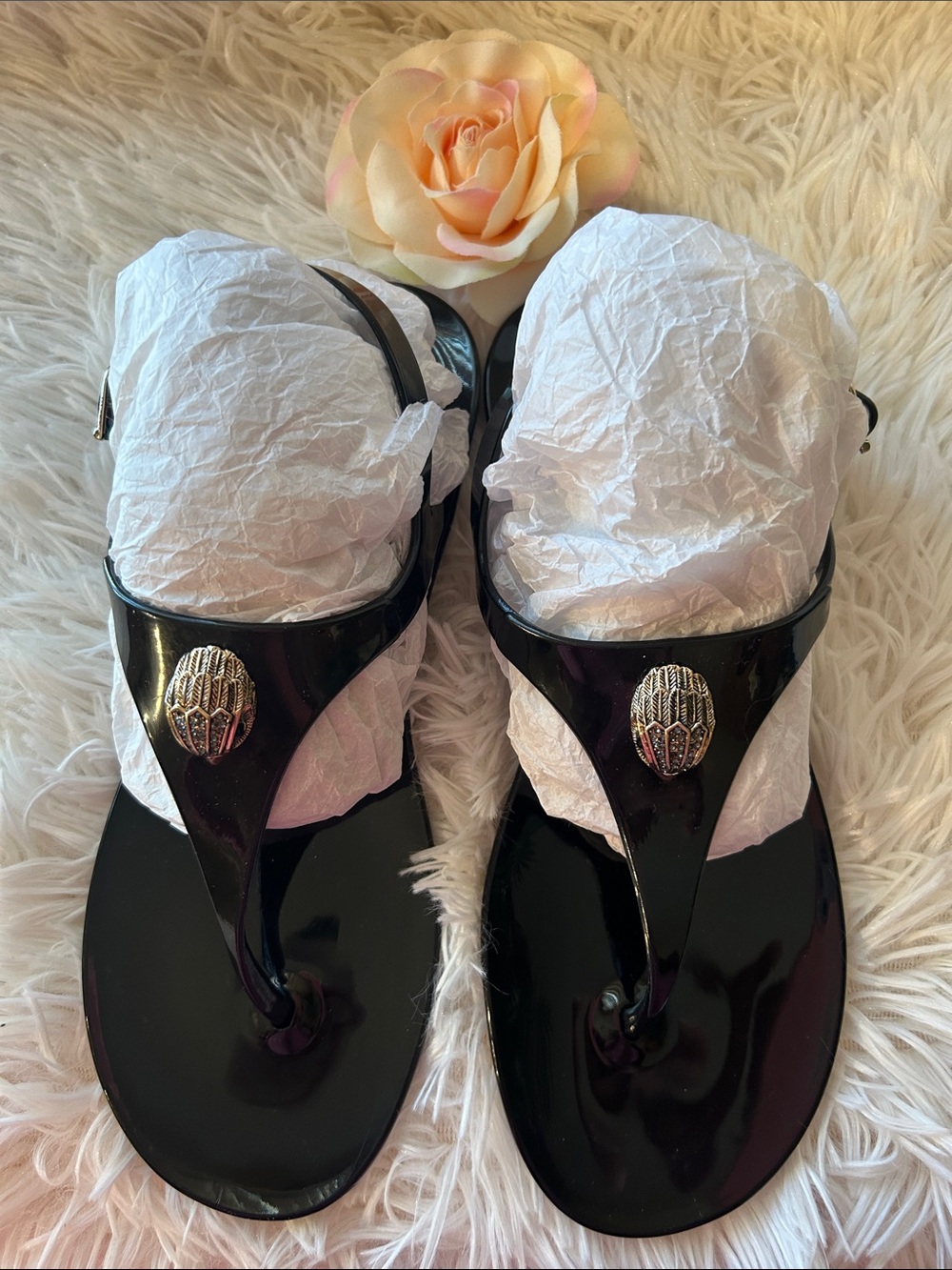 Kurt Geiger Black Patent T‑Strap Sandals with Gold Emblem (US 8.5)